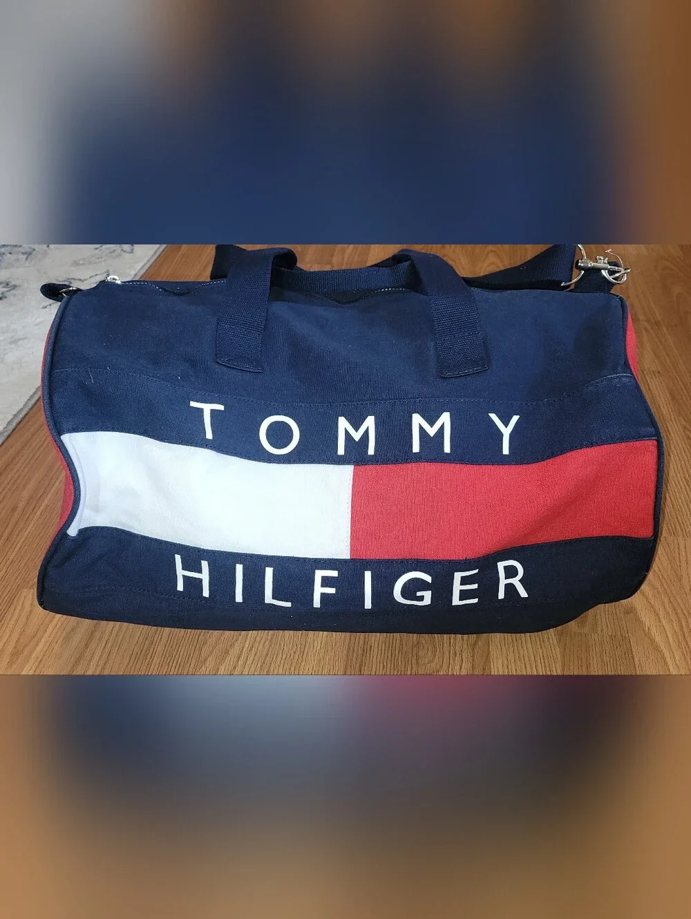 Vintage 90s Tommy Hilfiger Canvas Duffle Bag-Navy Blue/Red/White-Excel Condition